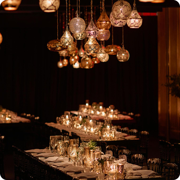 Arabian lanterns over an evening dining setting