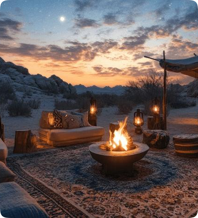 Desert lounge with fire pit and lanterns at night