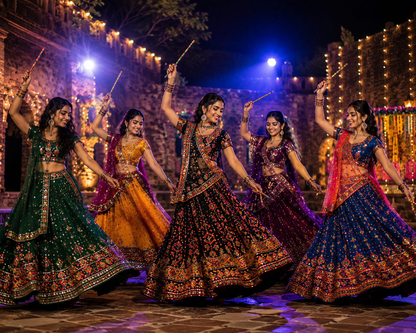 People in traditional attire performing Garba and Dandiya