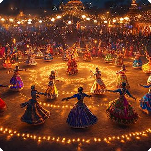 People in traditional attire celebrating Garba at night