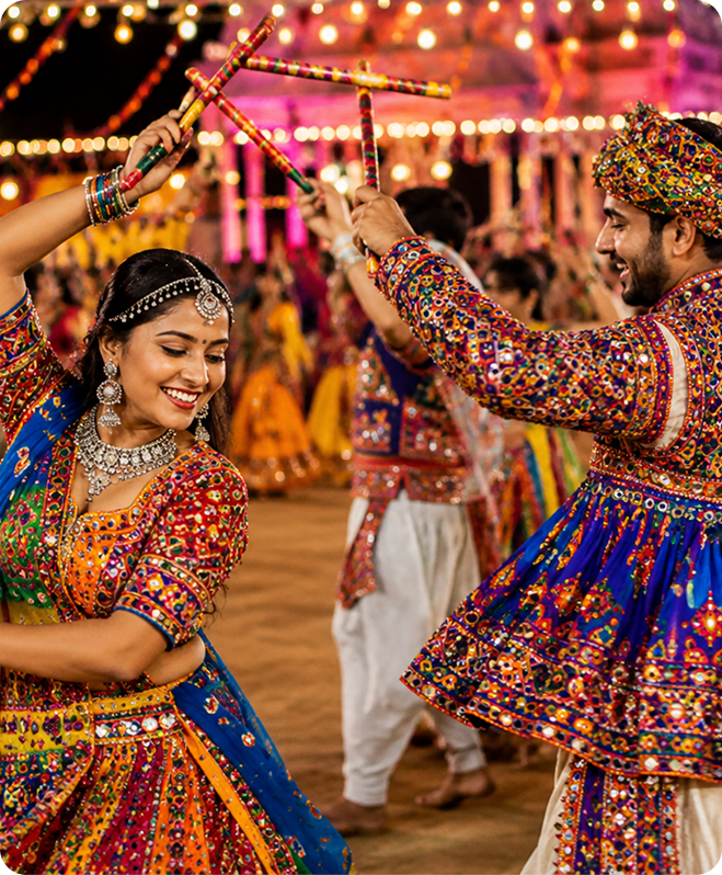 Couple in traditional Gujarati attire performing Dandiya