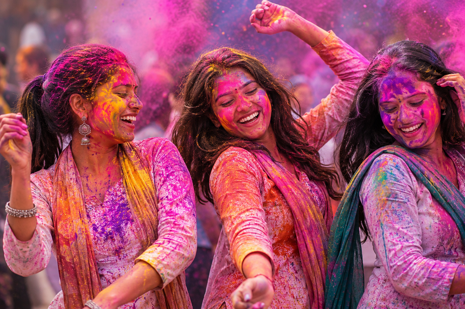 Woman smiling with pink Holi powder on her face