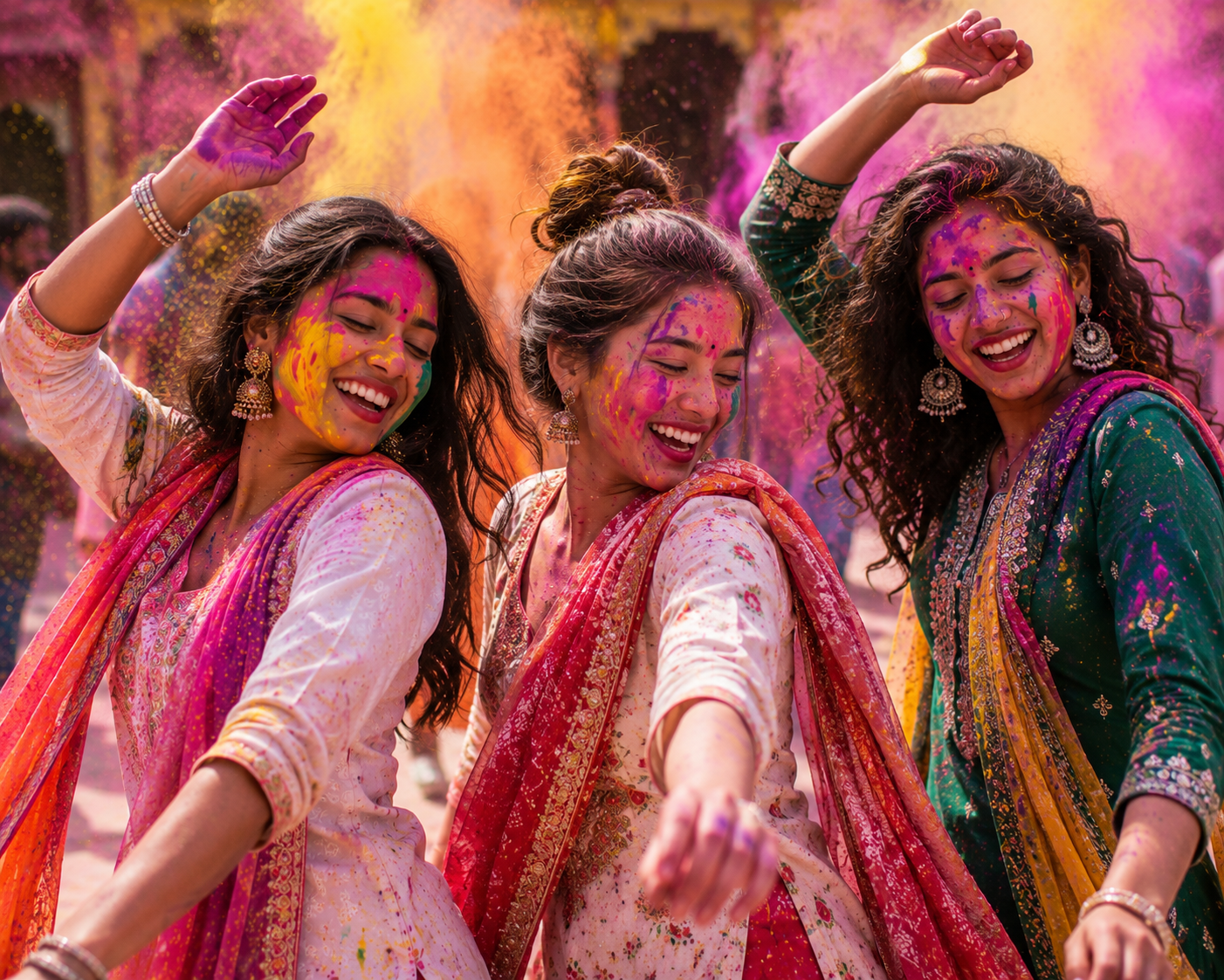 Hands holding bowls of vibrant Holi powder