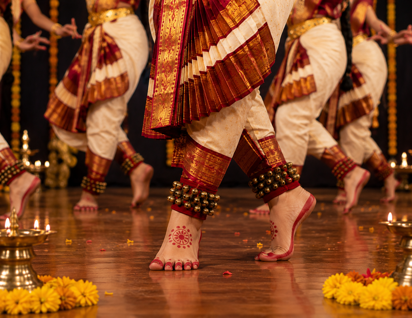Temple festival celebration with fire torches at night