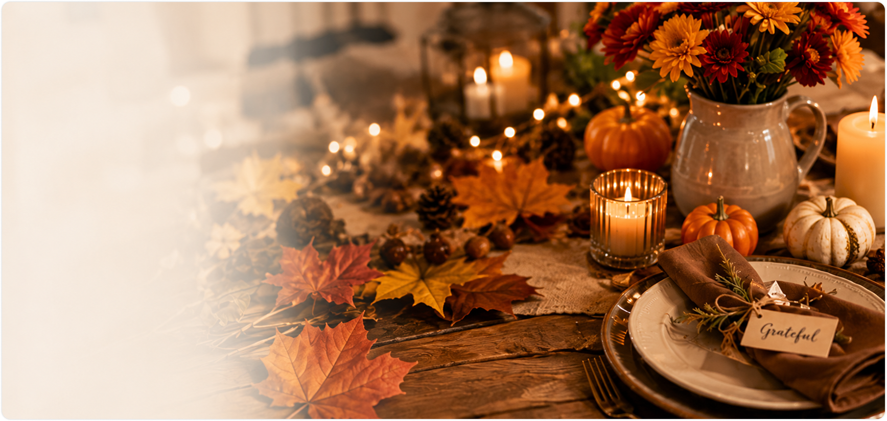 Thanksgiving table with candles, pumpkins, and autumn décor